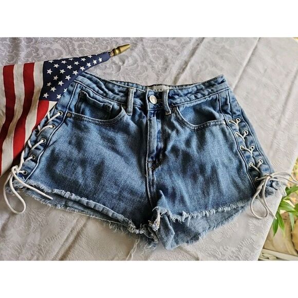 PacSun High Rise SIDE TIE LACE‎ UP Shorts Denim CUT-OFFS Size 23 - Picture 1 of 11